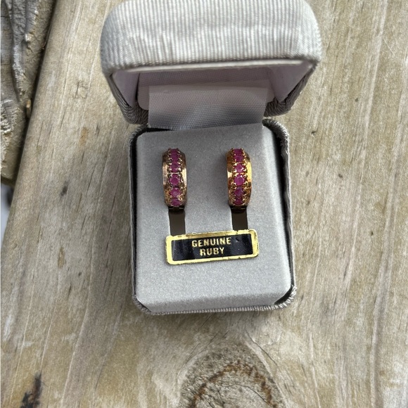 Genuine Ruby Gold Hoop Earrings - Picture 4 of 7